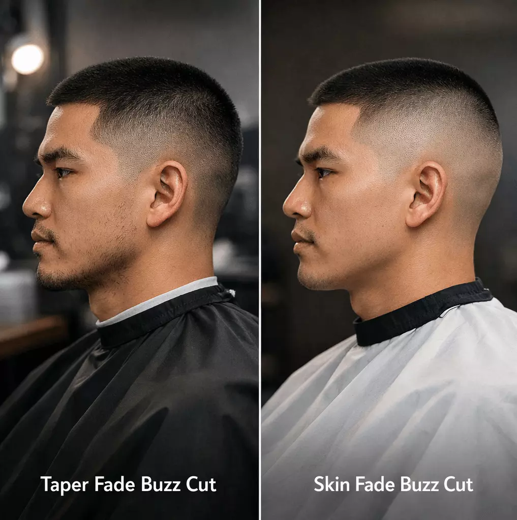 Side-profile fade comparison: taper fade buzz cut vs skin fade buzz cut; sharp gradients; professional barbershop lighting; high-detail skin and hair texture; uncluttered background