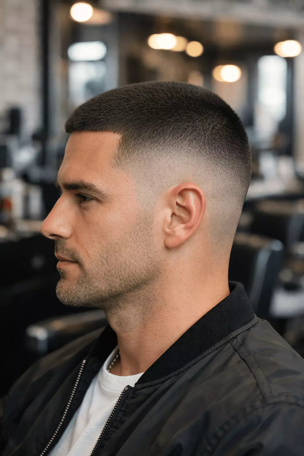 Man with buzz cut and mid fade, sharp gradient, modern look.