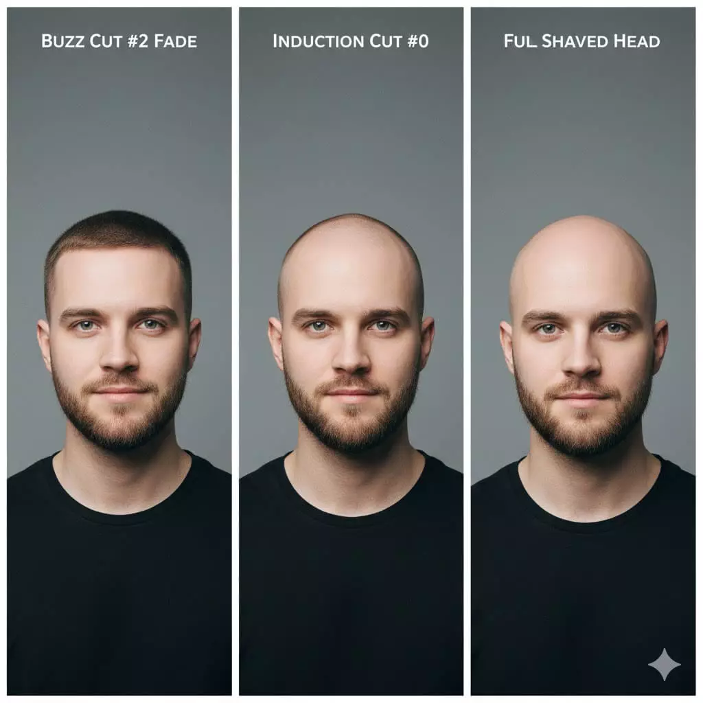 Comparison collage: Buzz Cut #2 fade, Induction #0, and Shaved Head, side by side, professional lighting.