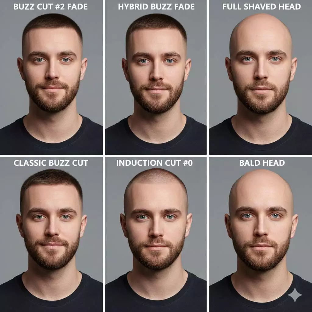 Final transformation gallery: multiple styles including Buzz Cut #2 fade, Induction Cut #0, Shaved Head, hybrid fades, comparison, professional studio lighting.