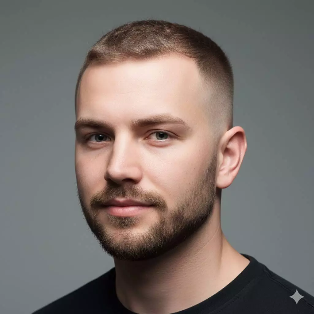 Hybrid buzz fade to skin, partial stubble top, clean fade sides.