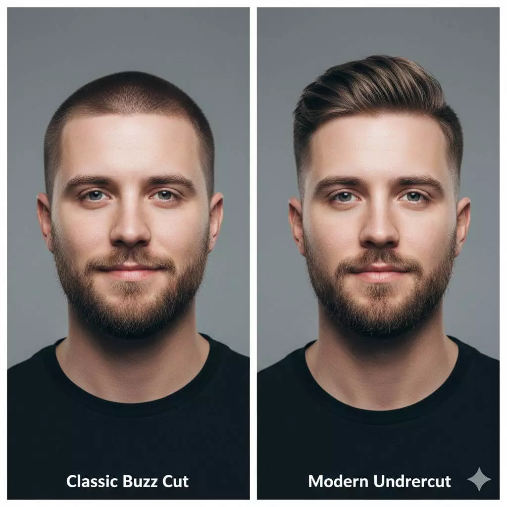 Side-by-side comparison: Buzz Cut (left) vs Undercut (right), highlighting length and fade differences.
