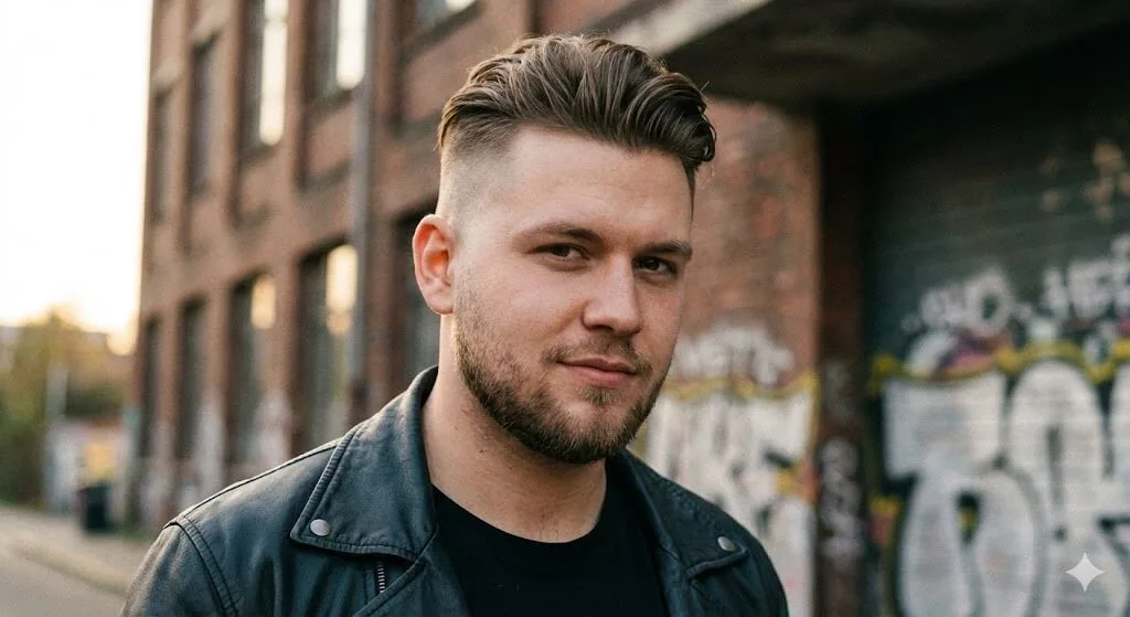 Man with undercut hairstyle, long top styled back, short sides, modern urban look.