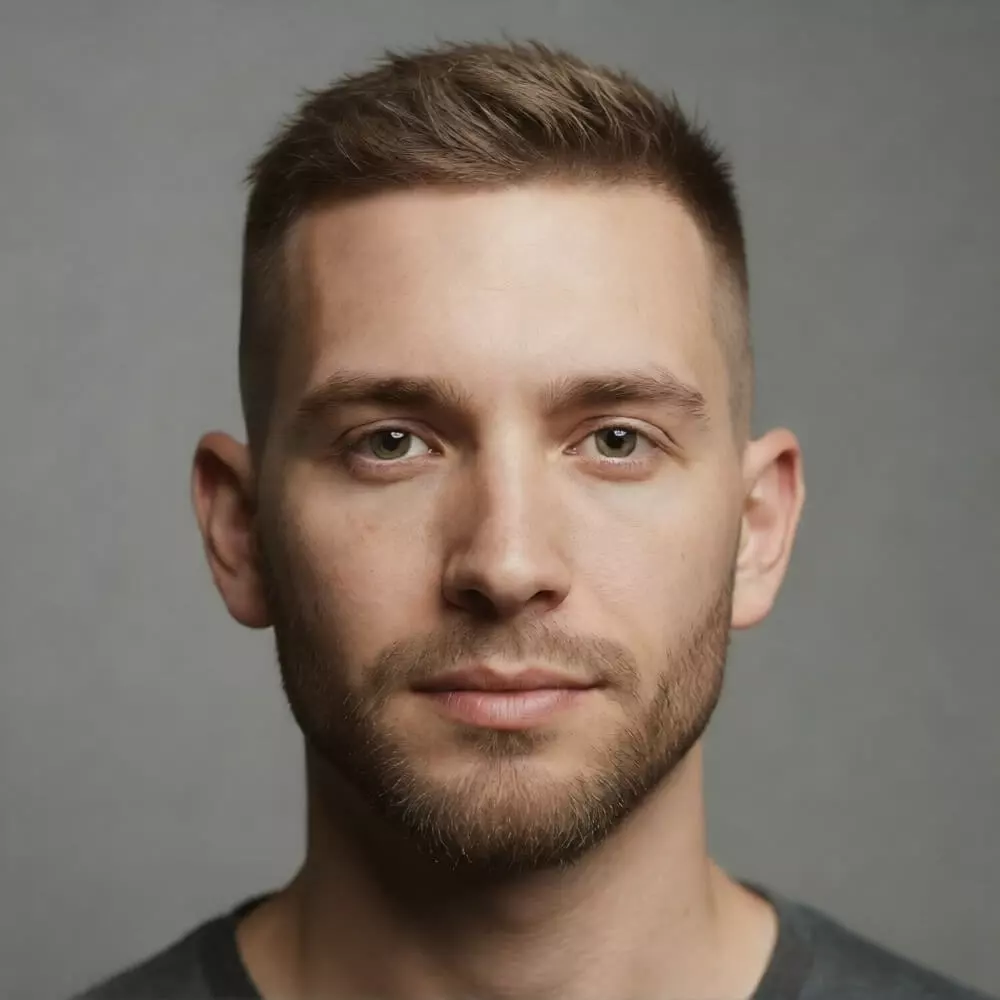 Confident man with heart-shaped face, buzz cut paired with structured beard filling the chin area, balanced proportions.