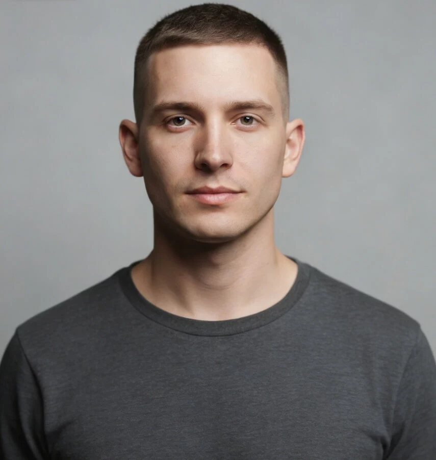 Man with diamond face shape wearing a low-to-mid fade buzz cut, balanced forehead and chin proportions, neutral studio background.