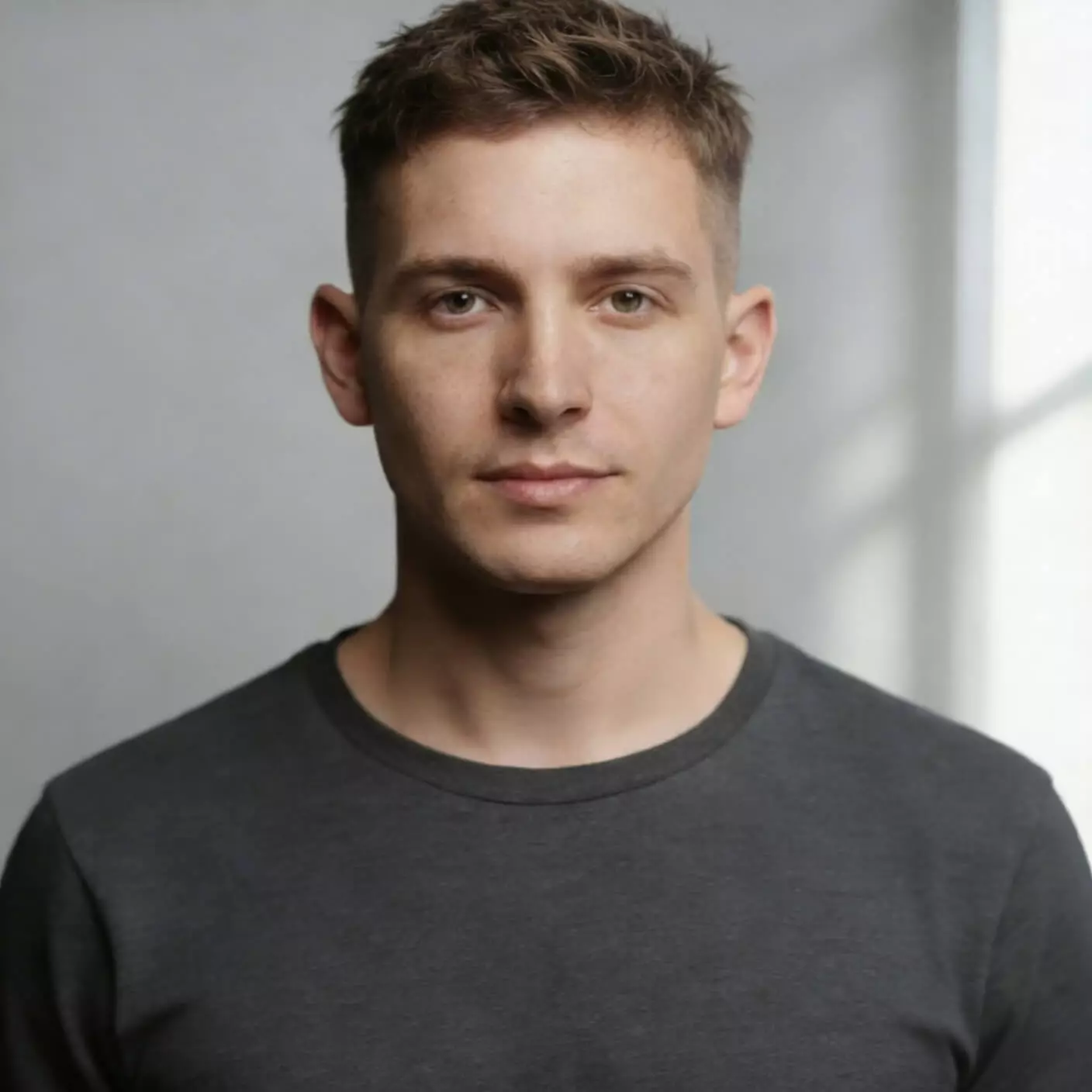 Man with heart-shaped face and textured buzz cut, softened cheekbones and balanced chin, natural lighting.