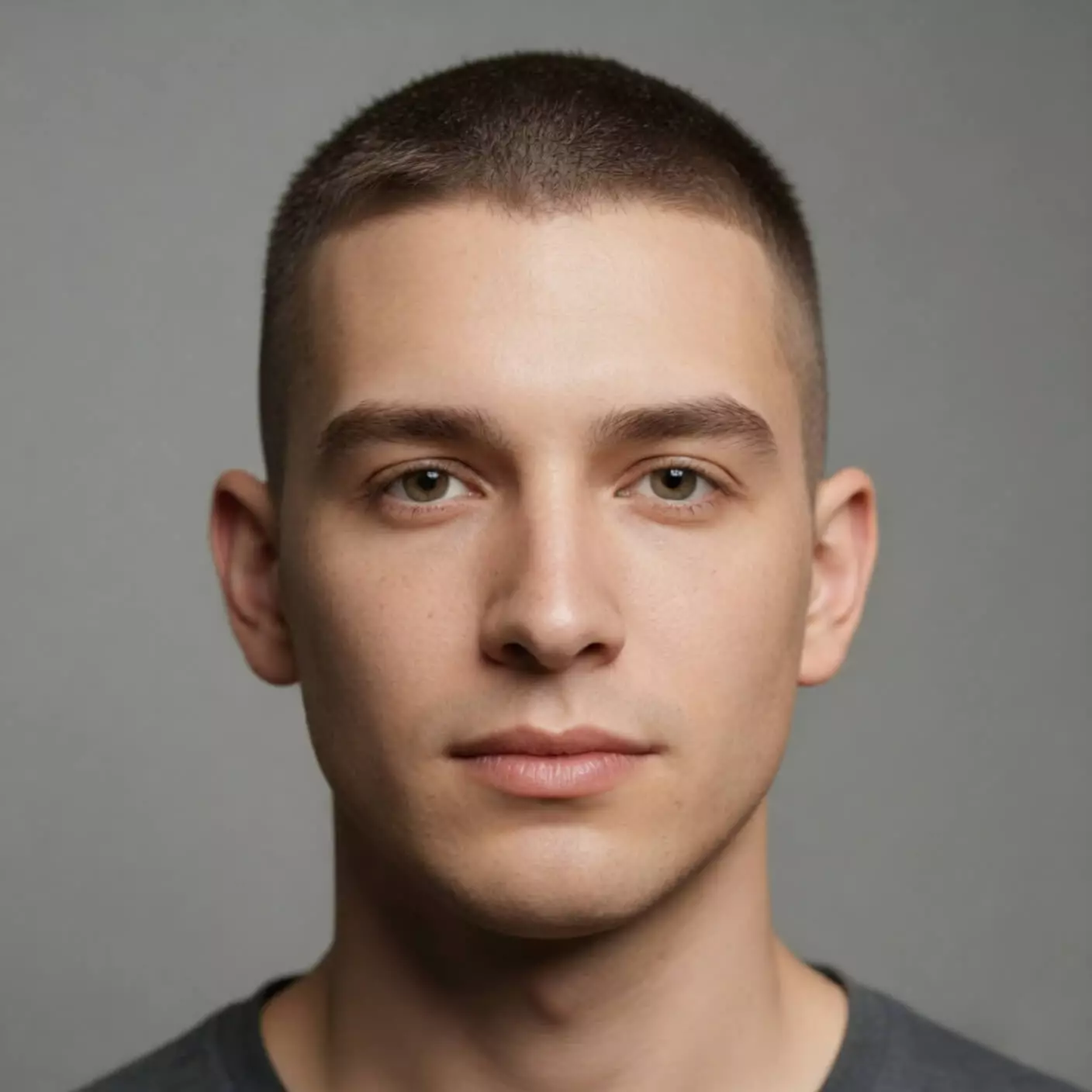 Man with diamond/heart face wearing a medium-length #5 buzz cut, clean and proportional look.