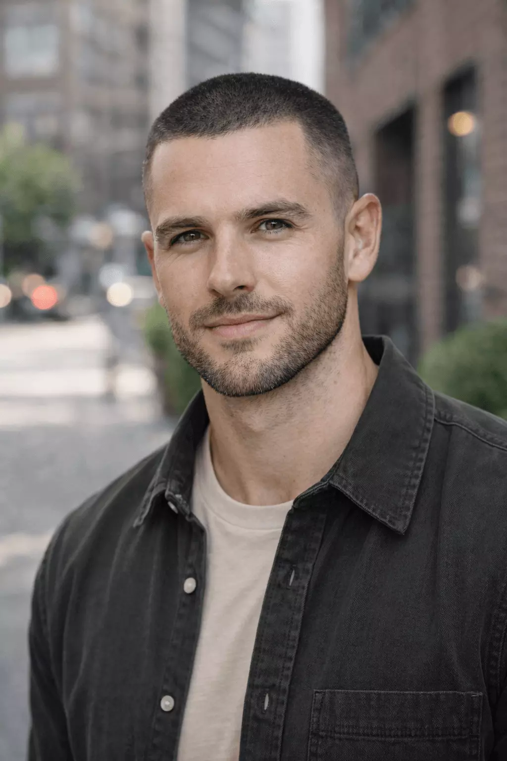 Man with oval face and short buzz cut paired with a well-groomed beard, urban background, confident expression.