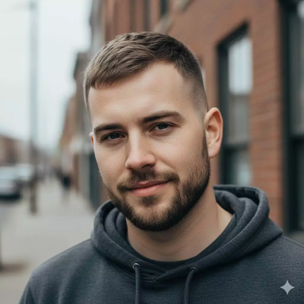 Long buzz cut brush cut hairstyle for men with #4 to #6 guard length on top, high fade sides, short beard