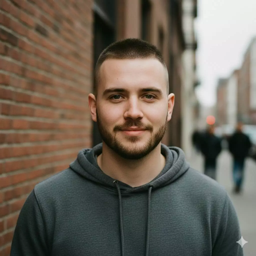 Confident man with round face, #3 buzz cut with high fade, paired with neat short beard emphasizing jawline, urban casual vibe.