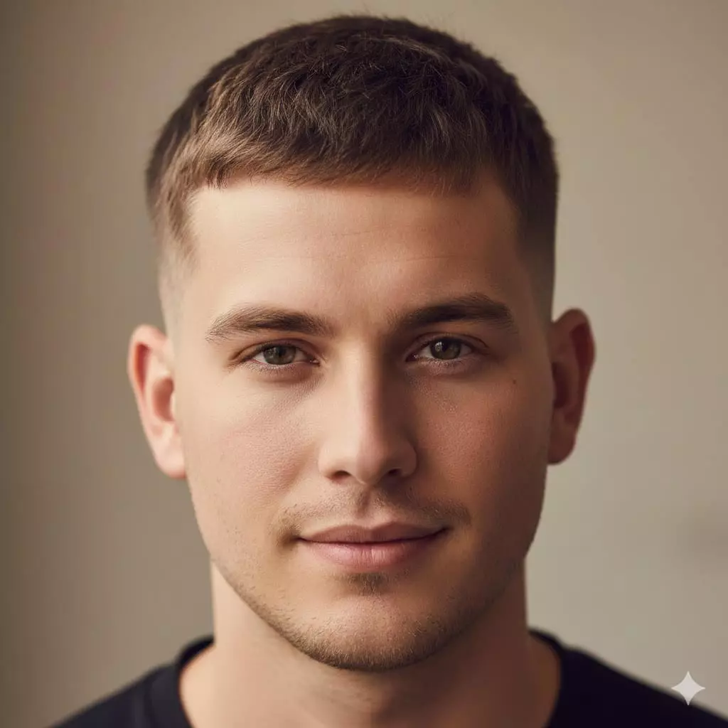 Man with round face sporting a mid-fade buzz cut, top slightly longer at #4