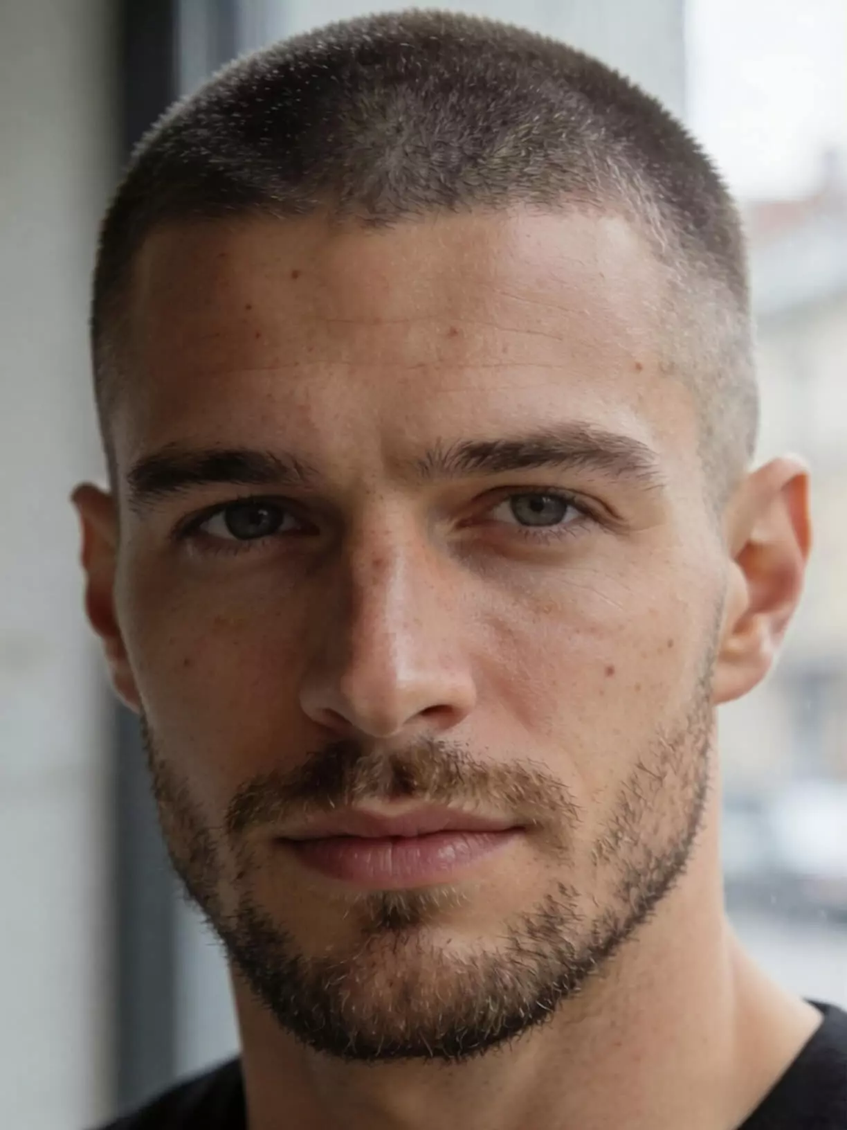 Man with square face, short buzz cut and trimmed beard, strong jawline with balanced proportions.