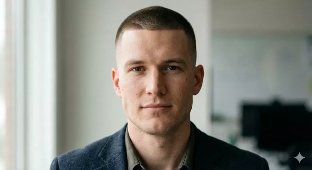 Square face man with low fade buzz cut, clean neckline, subtle taper, professional appearance.