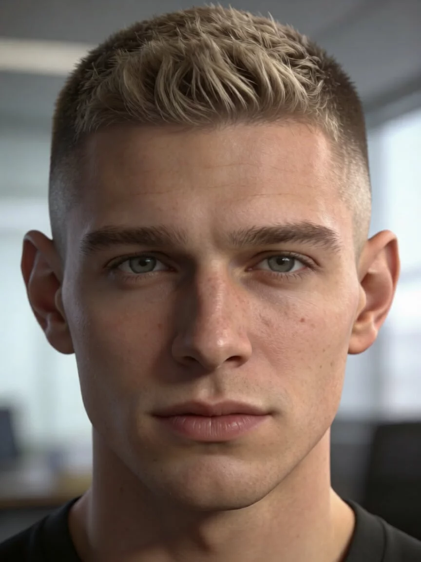 Square face buzz cut with slightly longer textured top, soft transitions, natural finish.