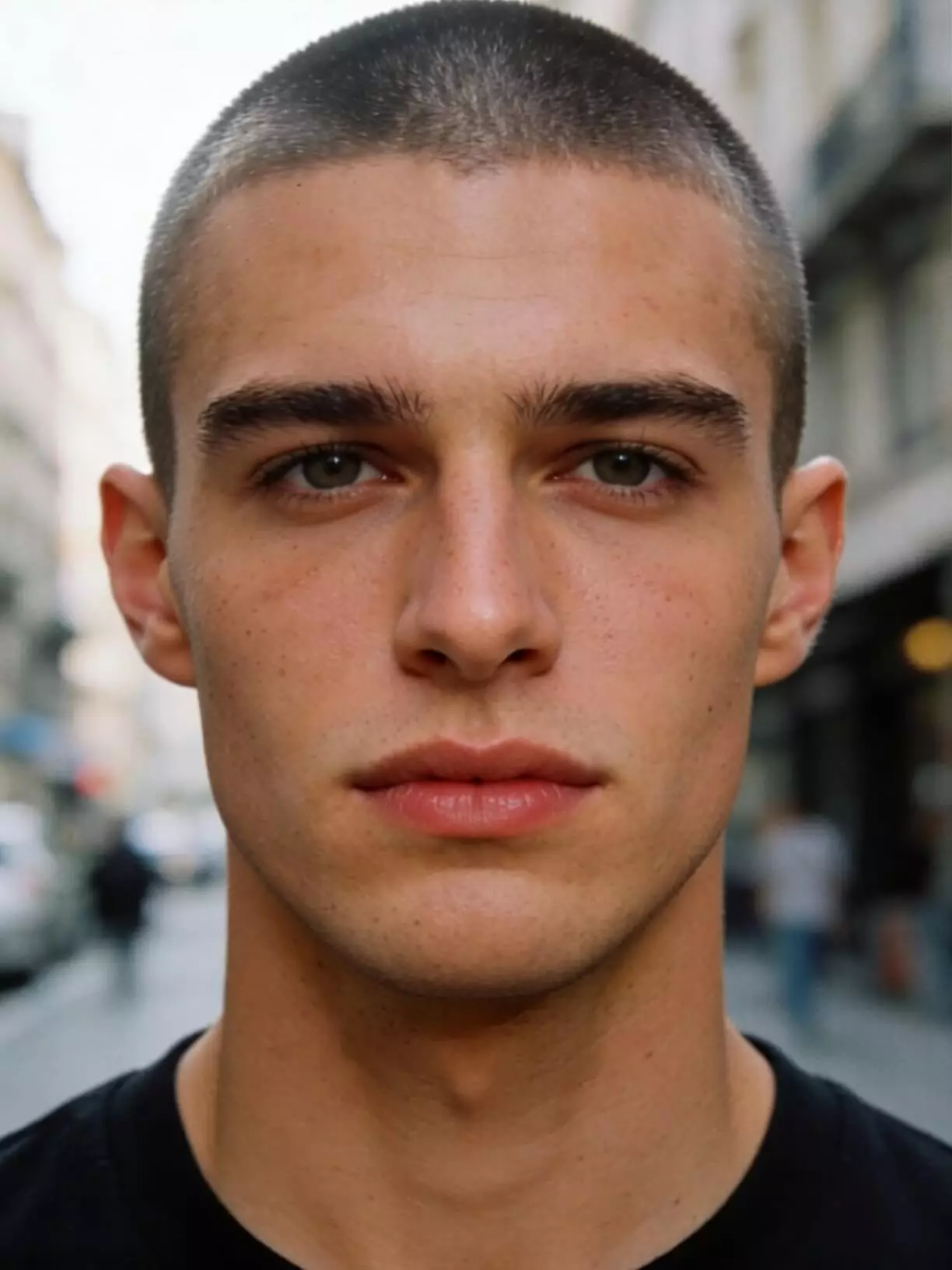 Square face man with line up buzz cut, defined hairline, modern street-style aesthetic.