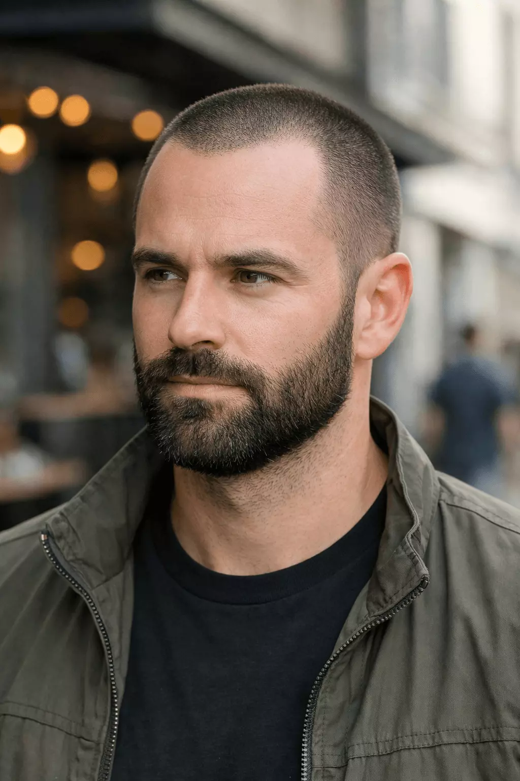 Man with receding hairline, short buzz cut, full beard, masculine and balanced.