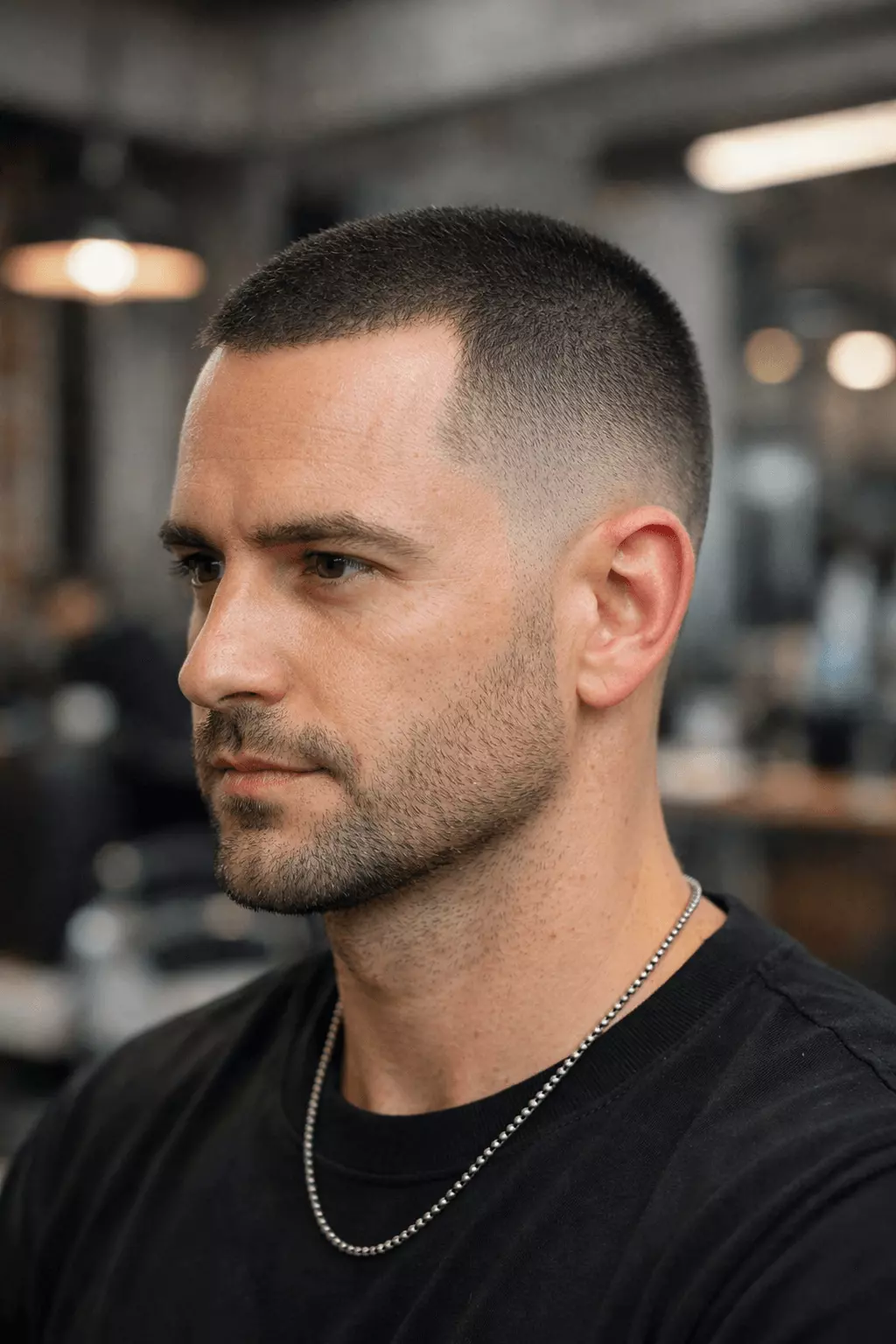Man with receding hairline wearing a buzz cut with mid fade, clean temples, confident look, studio lighting.