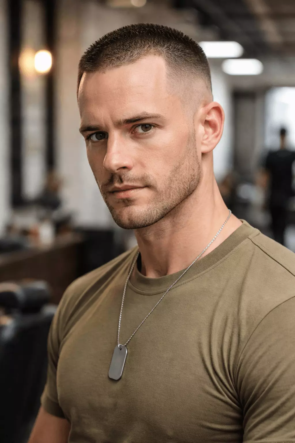 High and tight buzz cut for receding hairline, sharp contrast, confident military style.