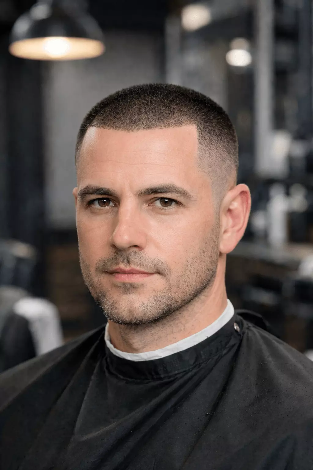 Buzz cut with sharp line up on receding hairline, clean edges, barber shop style.