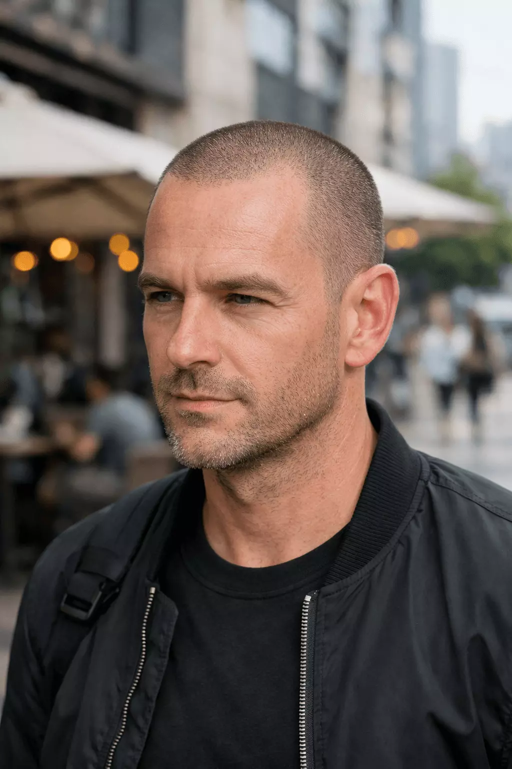 Man with receding hairline wearing ultra-short #1 buzz cut, minimalist and bold.
