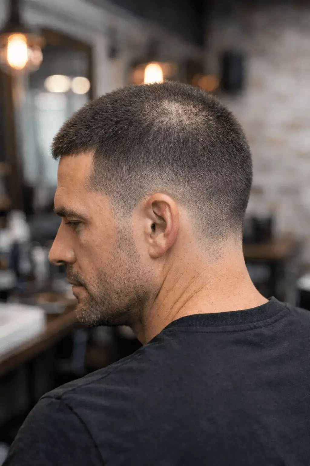 Man with thinning crown wearing textured buzz cut, slightly longer top with soft fade.