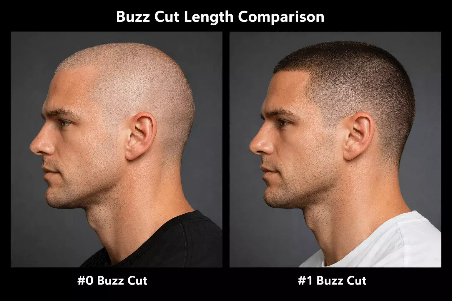 Comparison chart showing #0 vs #1 buzz cut lengths on male head, scalp visibility difference, studio lighting.