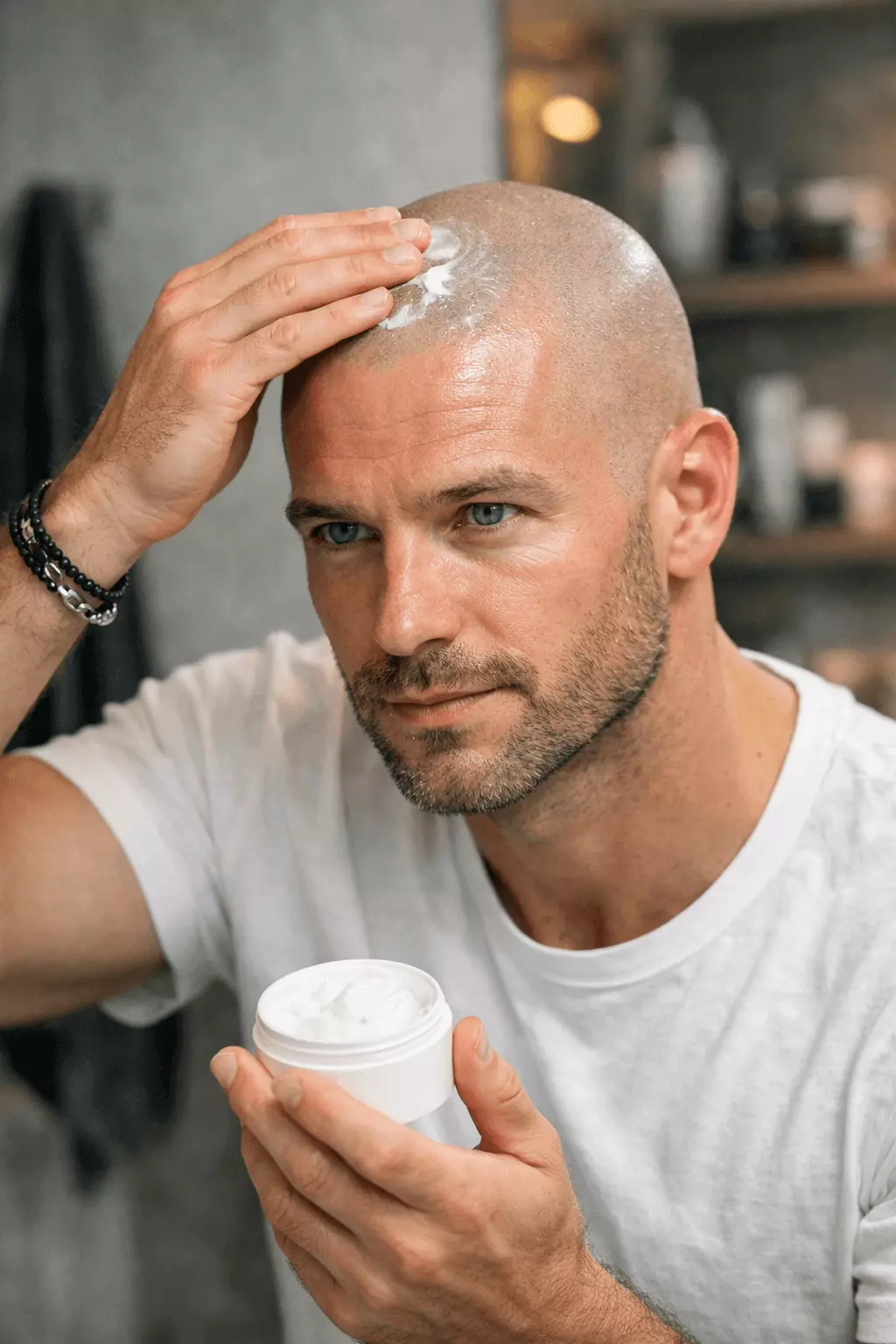 Man applying moisturizer to shaved scalp after ultra-short buzz cut.