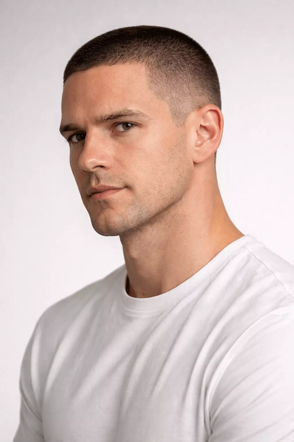 Man with uniform #1 induction buzz cut, clean scalp, symmetrical face shape, minimalist studio background.