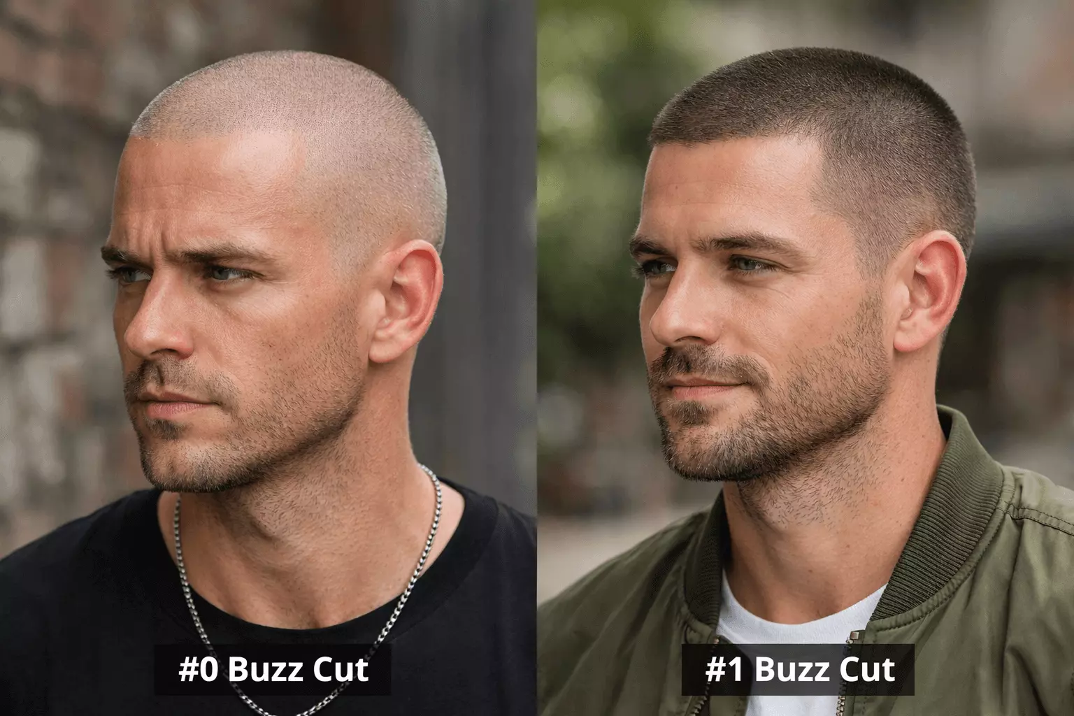 Side-by-side portraits of men with #0 buzz cut and #1 buzz cut, highlighting scalp exposure difference.