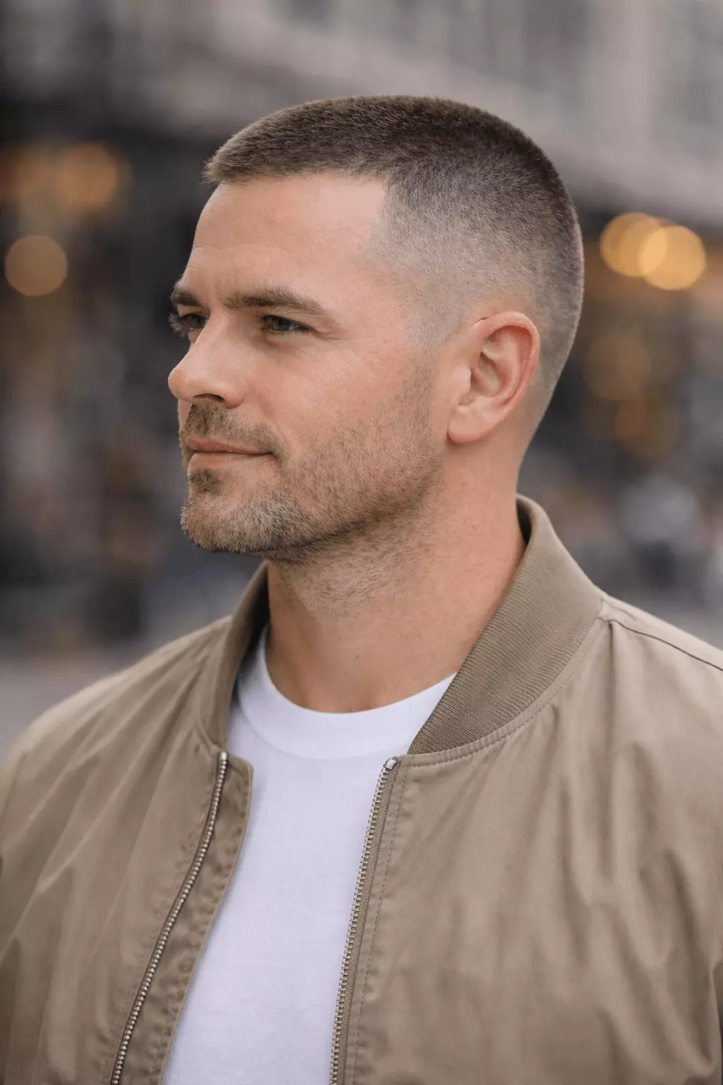 Man with #2 buzz cut and mid fade, clean transition, modern everyday hairstyle.