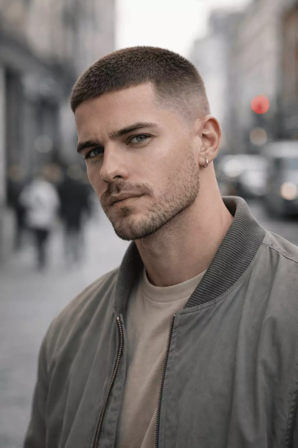 Man with #3–#4 buzz cut and short trimmed beard, balanced masculine proportions, urban casual style.
