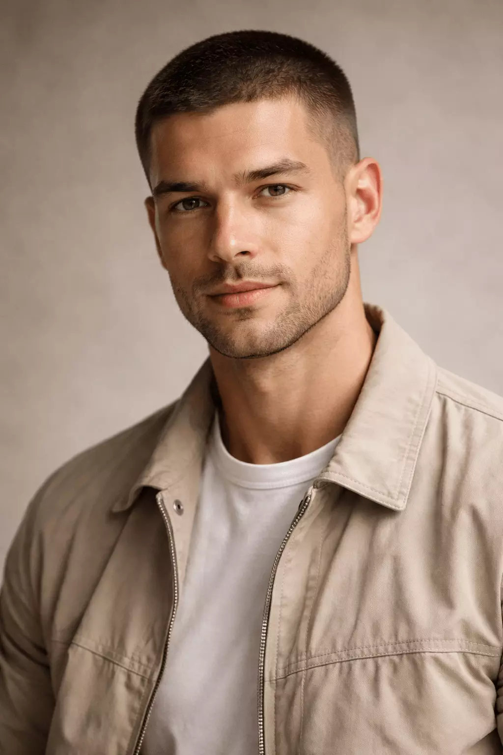 Man with uniform #3–#4 buzz cut, natural 9–13mm texture, soft masculine appearance, studio portrait.