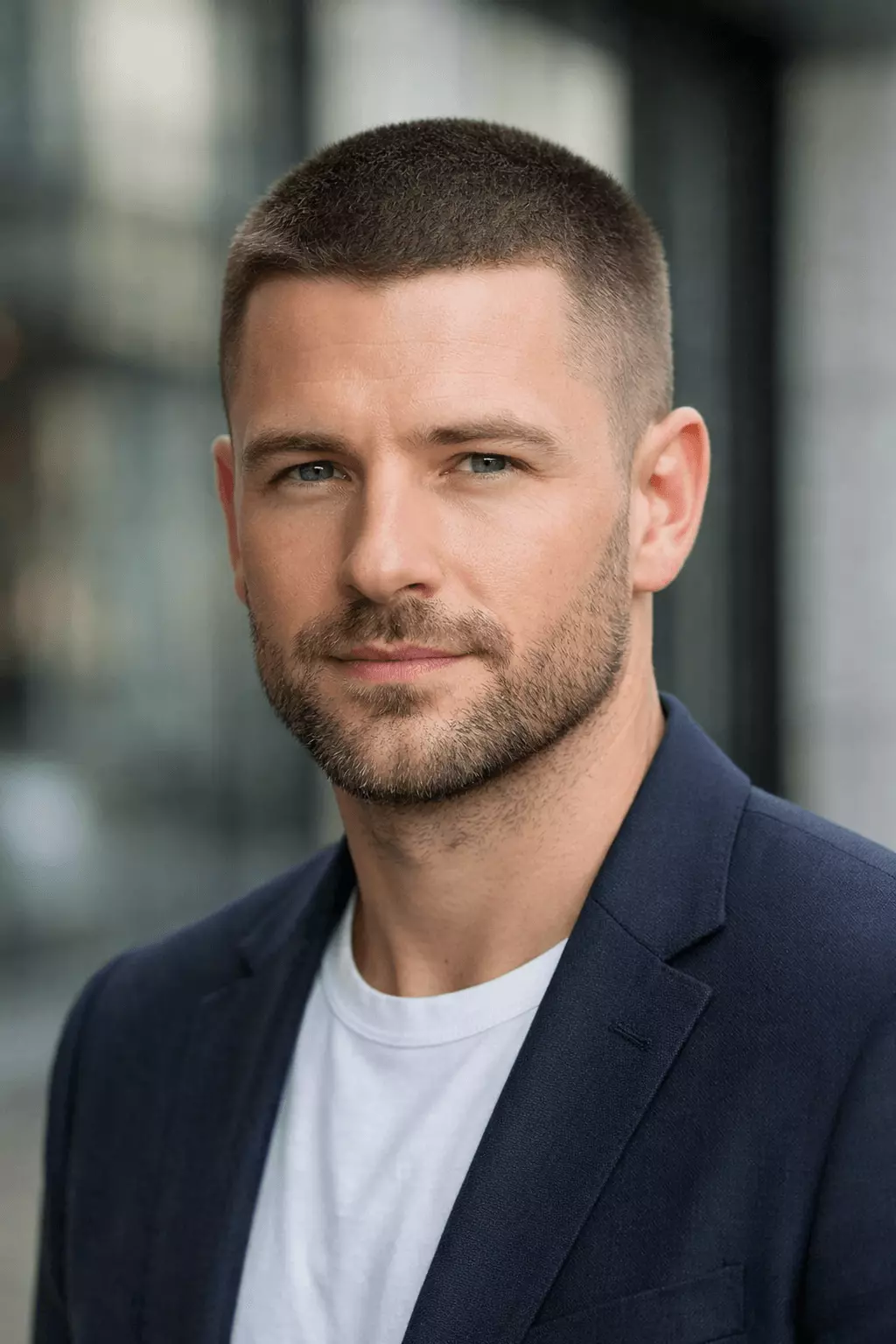 Man with #5–#8 buzz cut paired with short beard, balanced masculine proportions, confident casual look.
