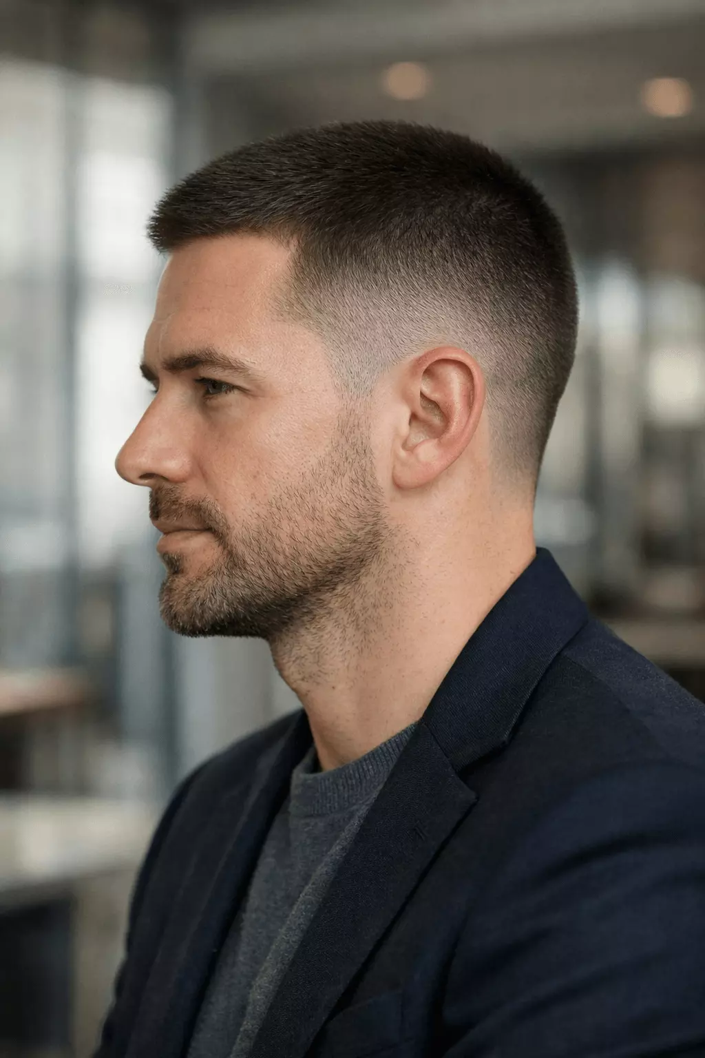 Side profile of #8 buzz cut with subtle taper, showing smooth blend and natural thickness.