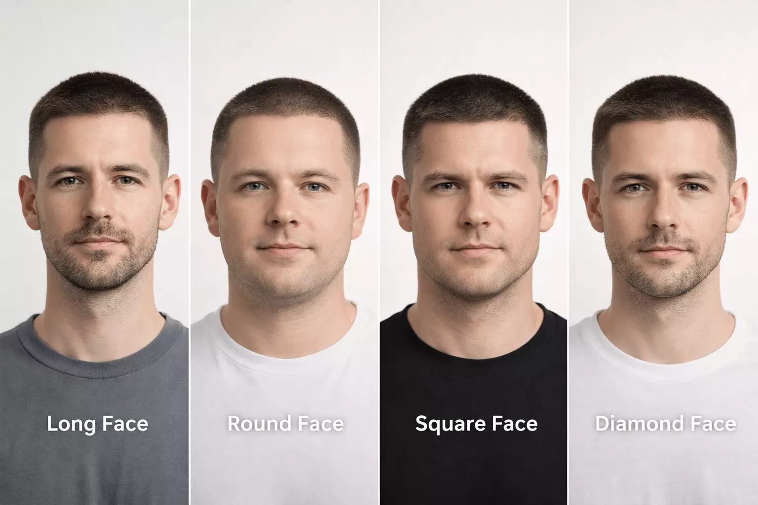 Face shape comparison showing long, round, square, and diamond faces with #5–#8 buzz cuts.