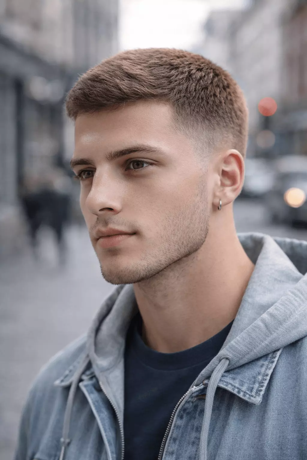Man with uniform #6–#8 buzz cut, natural texture and soft density, clean everyday masculine look.