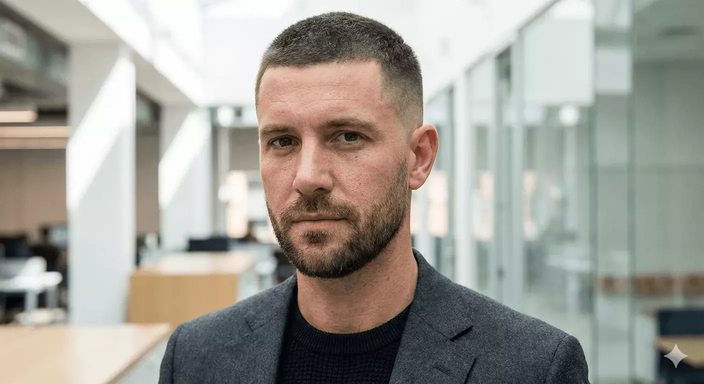 Man with #7 buzz cut on top and low fade on sides, textured crew-like finish, professional modern style.