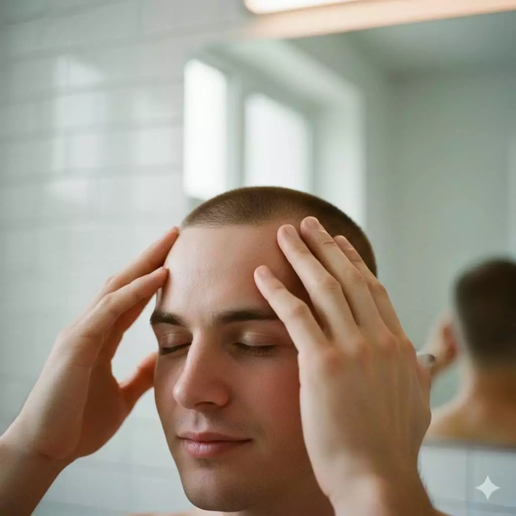 Close-up of a person massaging scalp with gentle oil after a #2 buzz cut, clean bathroom setting, healthy skin, 8k quality.