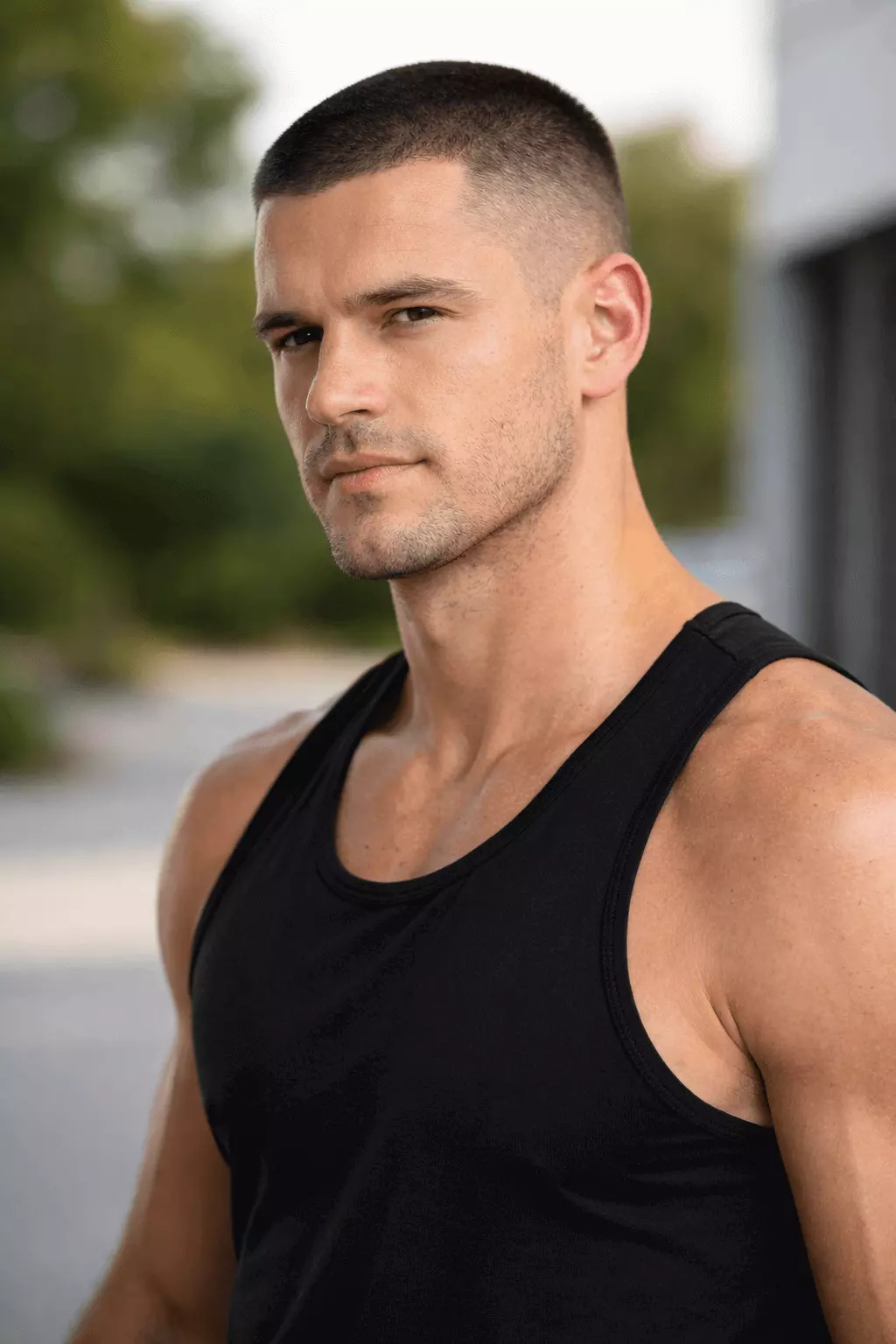 Handsome athletic man with modern buzz cut fade, high skin fade on sides blending to #2 top, wearing gym tank top, confident expression, outdoor natural light, detailed skin and hair texture
