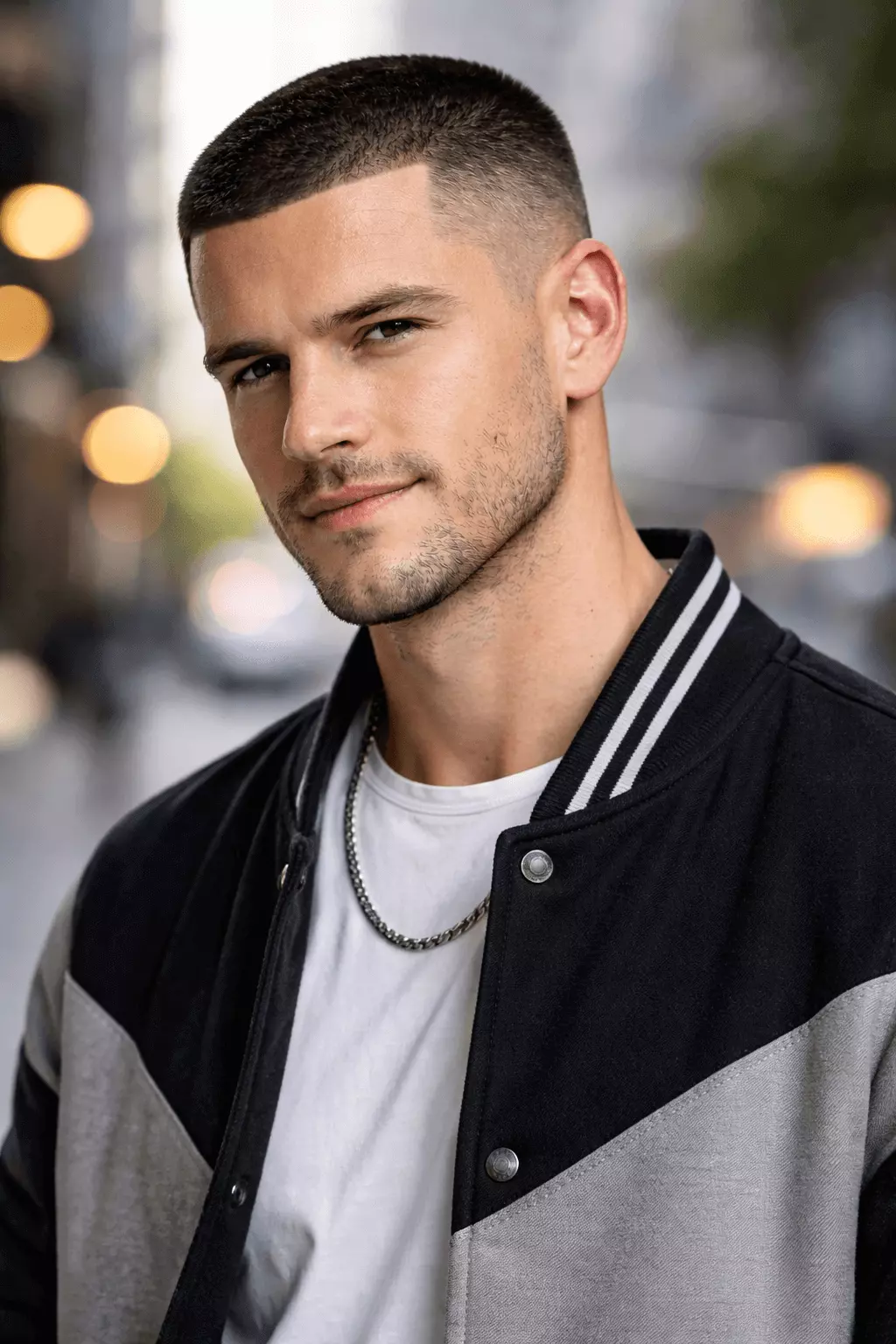 Young man with sharp line-up buzz cut, precise straight hairline edge-up, faded sides, urban streetwear style, confident smirk, city background bokeh, high detail barber fresh cut