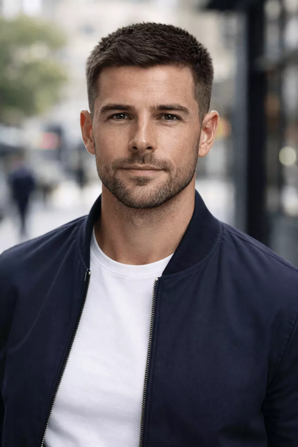 Man with classic crew cut, textured #6 top, tapered sides, clean professional look, studio lighting.