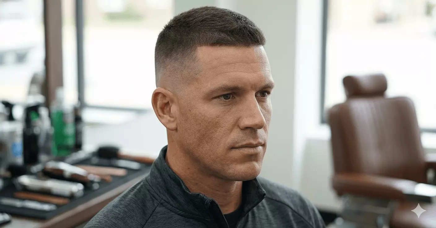 Short crew cut with low fade, tight textured top, athletic masculine look.