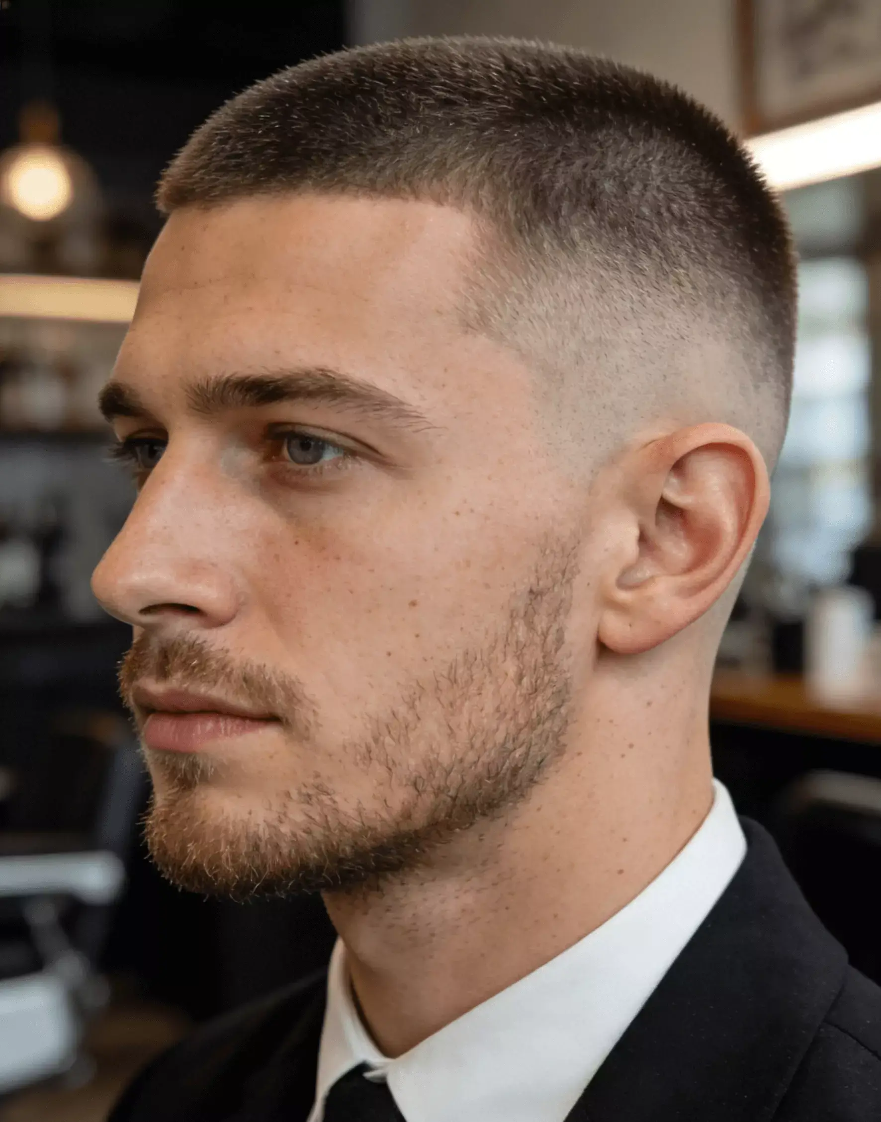 Mid fade buzz cut with #3–#5 top length, balanced contrast, modern barbershop style.