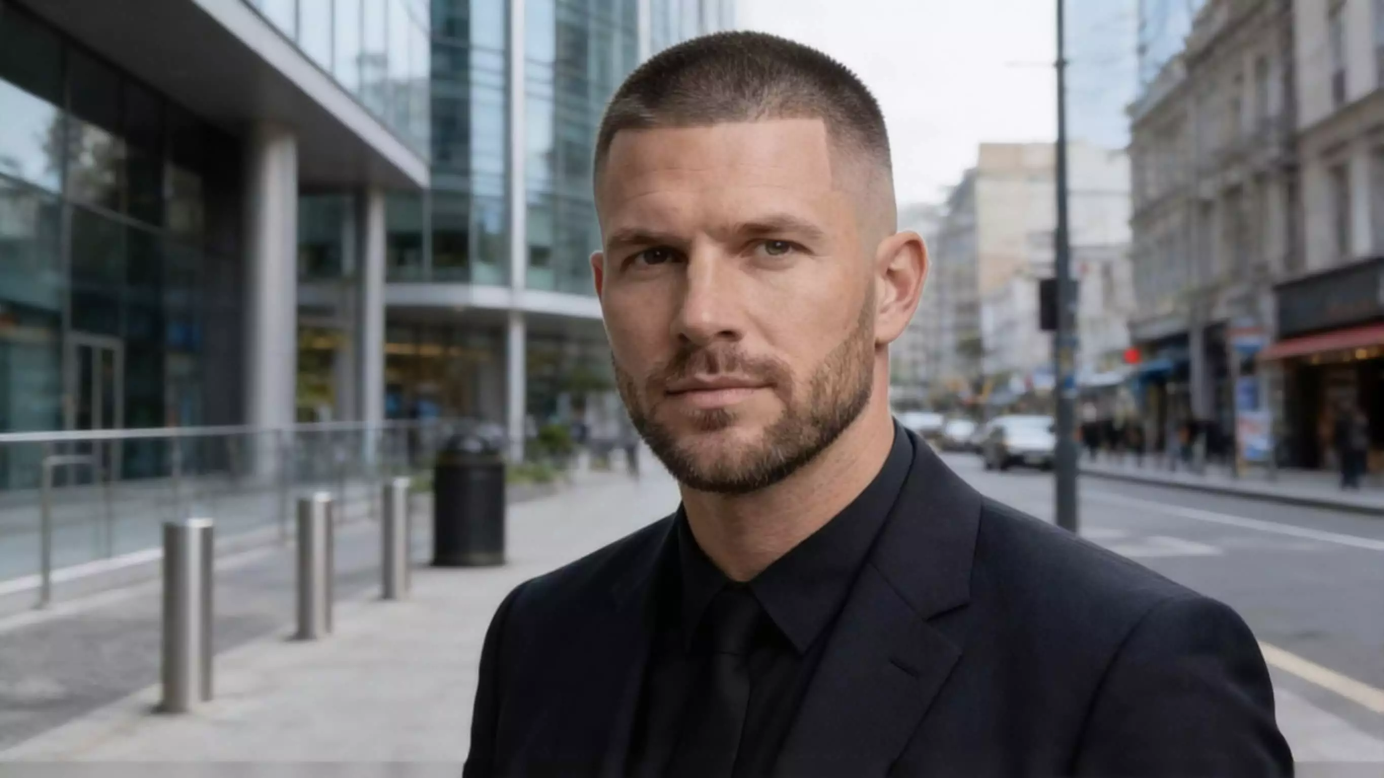 High and tight buzz cut with short beard, strong masculine balance, high contrast fade.