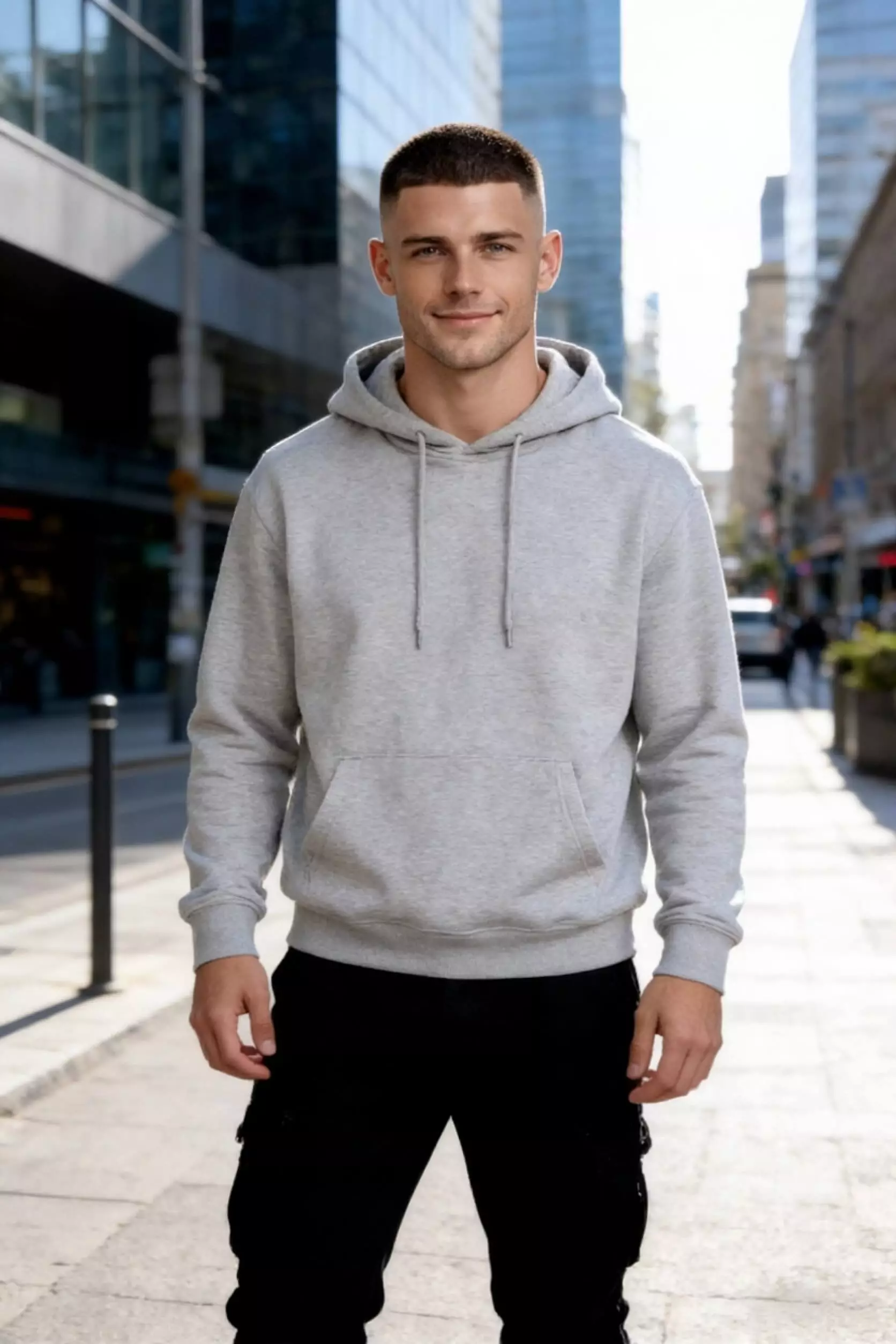 High and tight buzz cut with slightly longer top, clean high fade, modern military style.