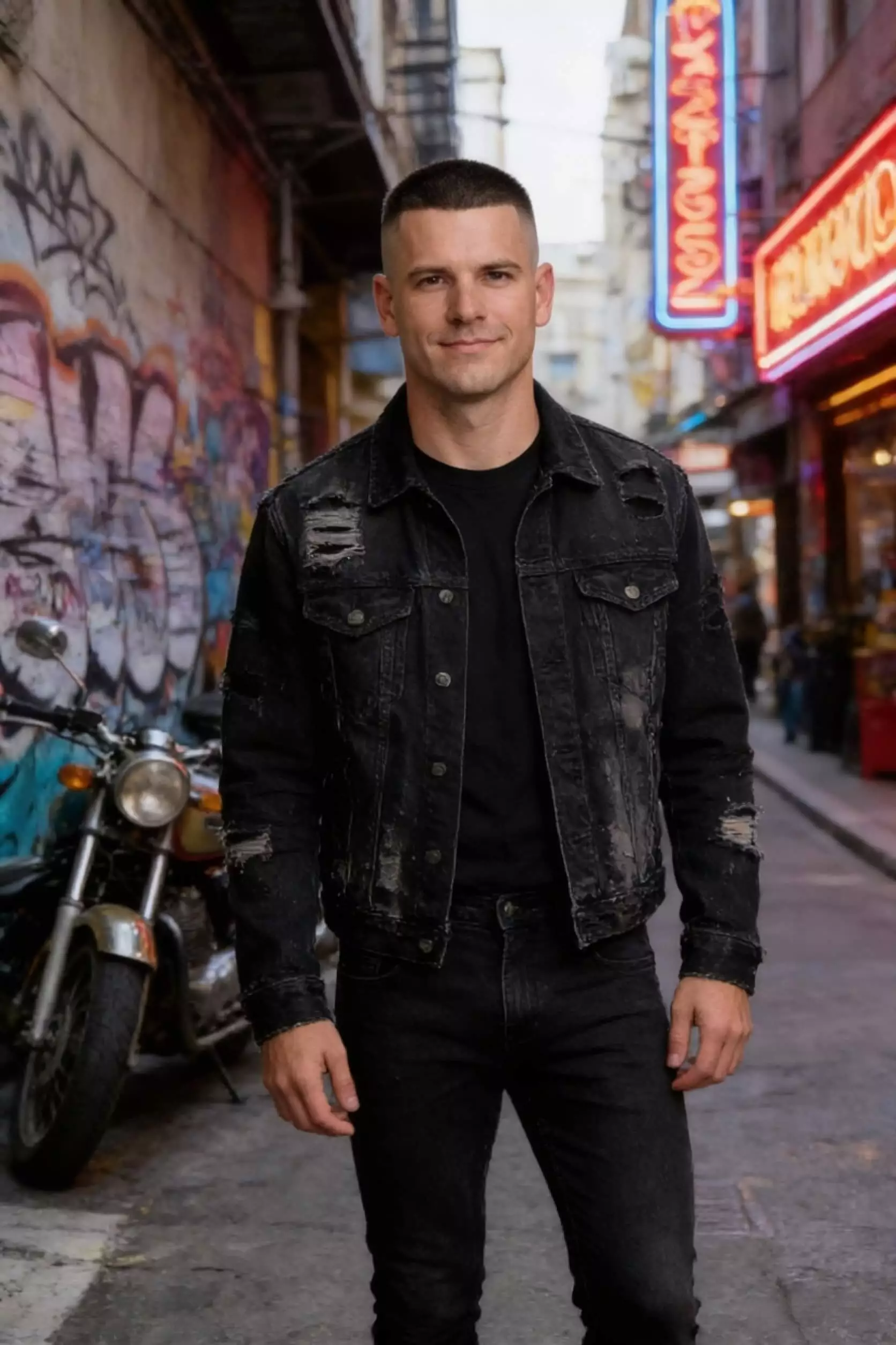 Classic high and tight buzz cut with high skin fade, clean military haircut, studio portrait.