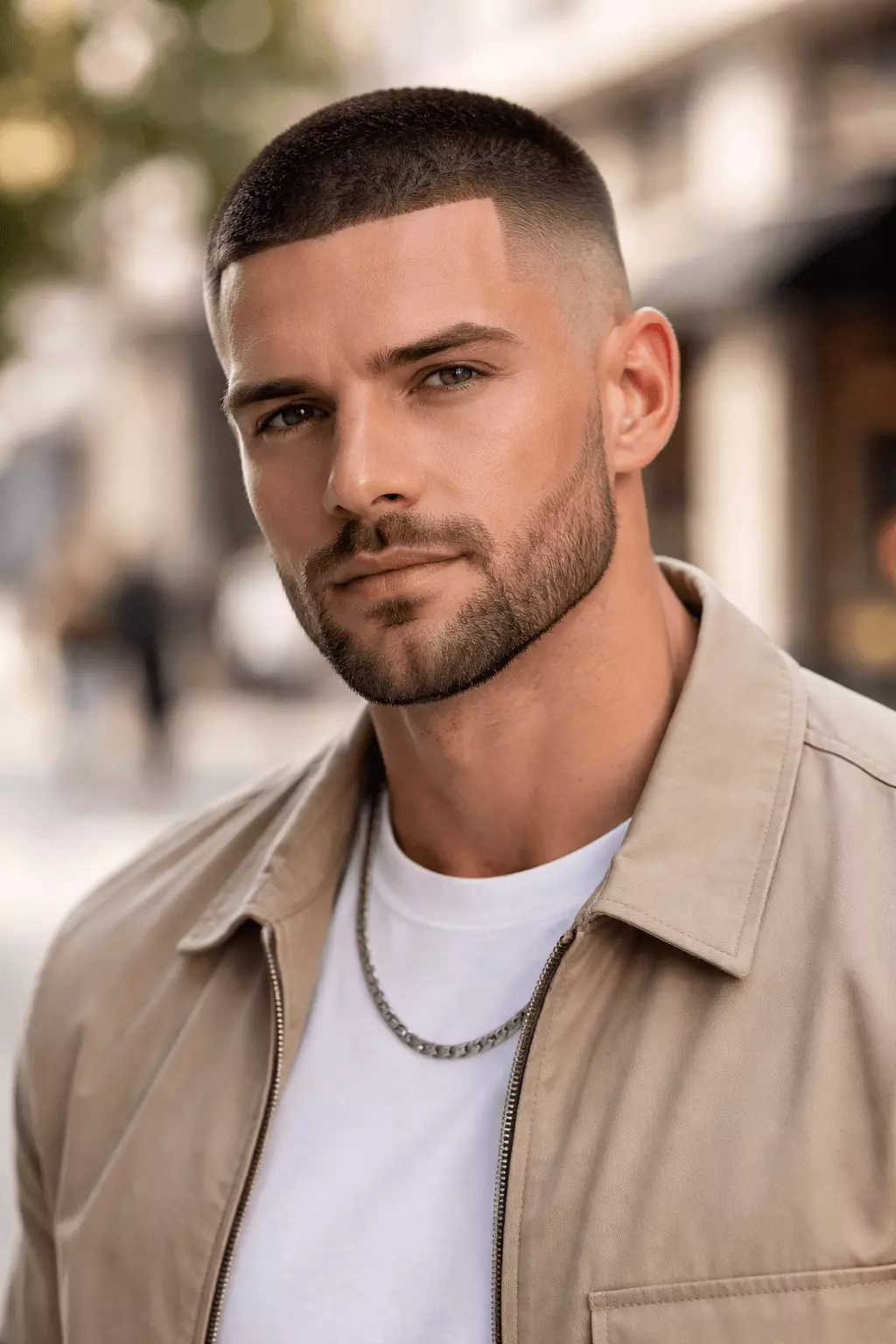 Man with line up buzz cut and short boxed beard, sharp hairline, defined jawline, modern masculine style.
