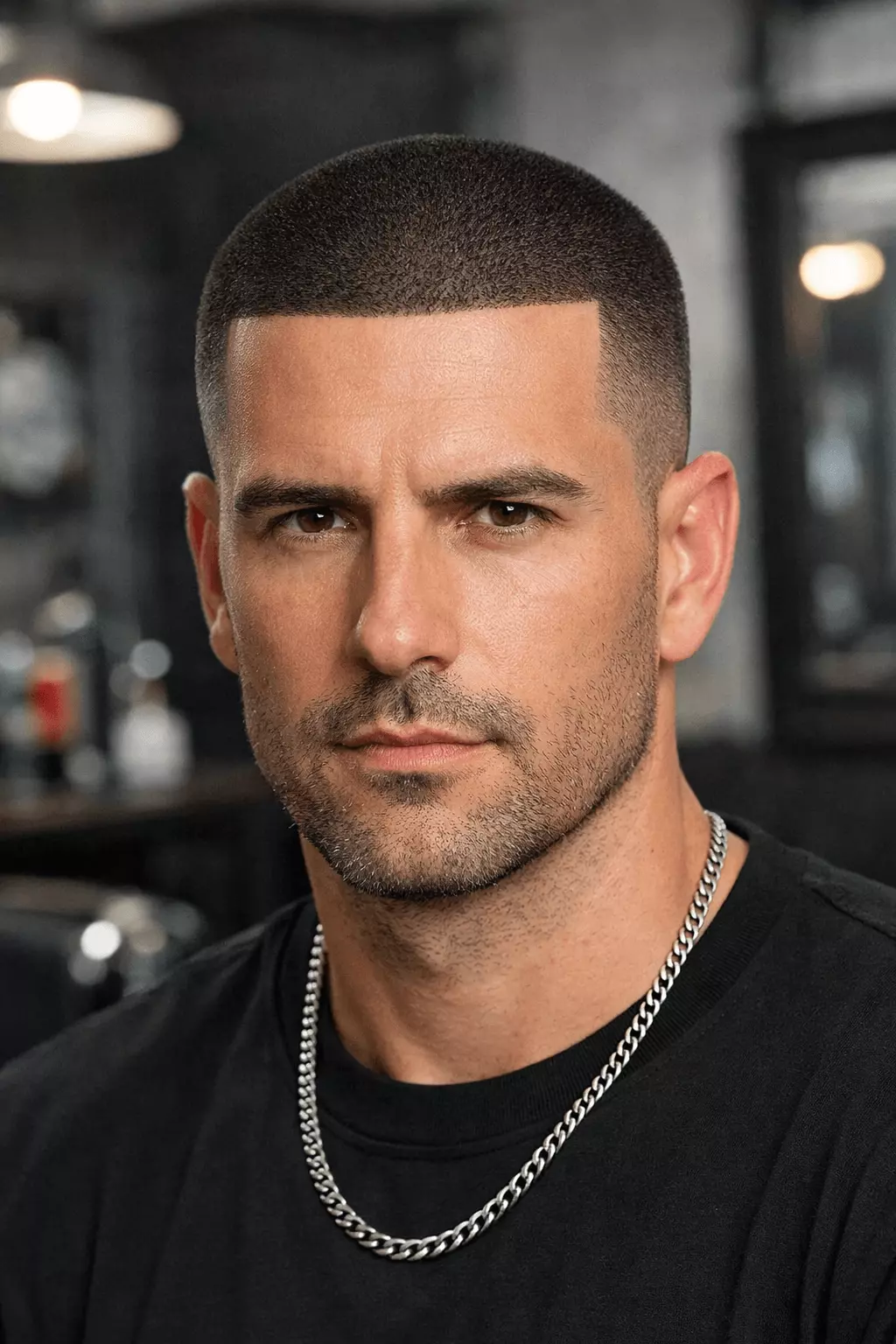Man with classic line up buzz cut, uniform #3 length, razor-sharp forehead and temple edges, clean barber-fresh look.