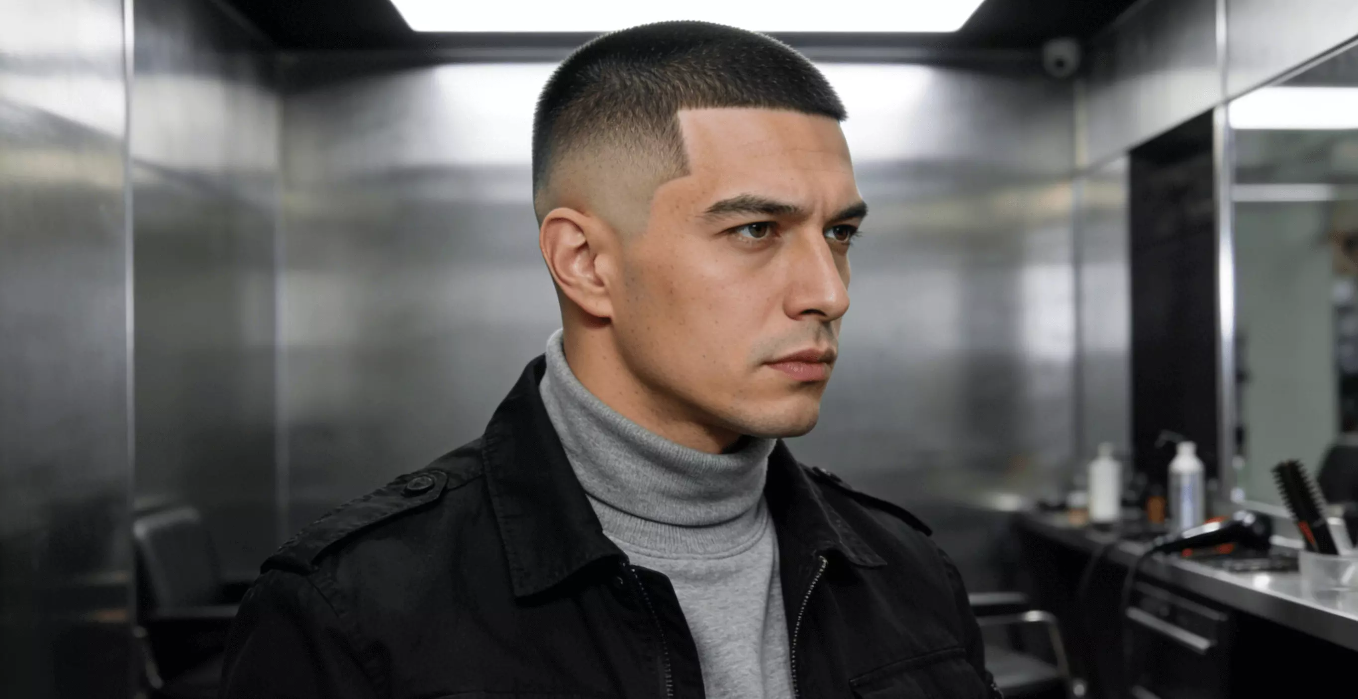 Man with high fade line up buzz cut, high contrast sides, razor-clean edges, bold masculine expression.