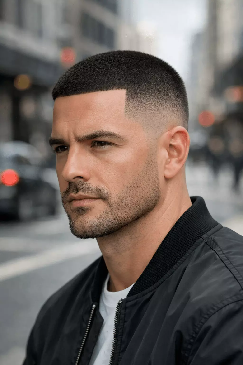 Man with mid fade buzz cut and sharp line up, #3–#4 top, clean geometric hairline, modern urban profile.
